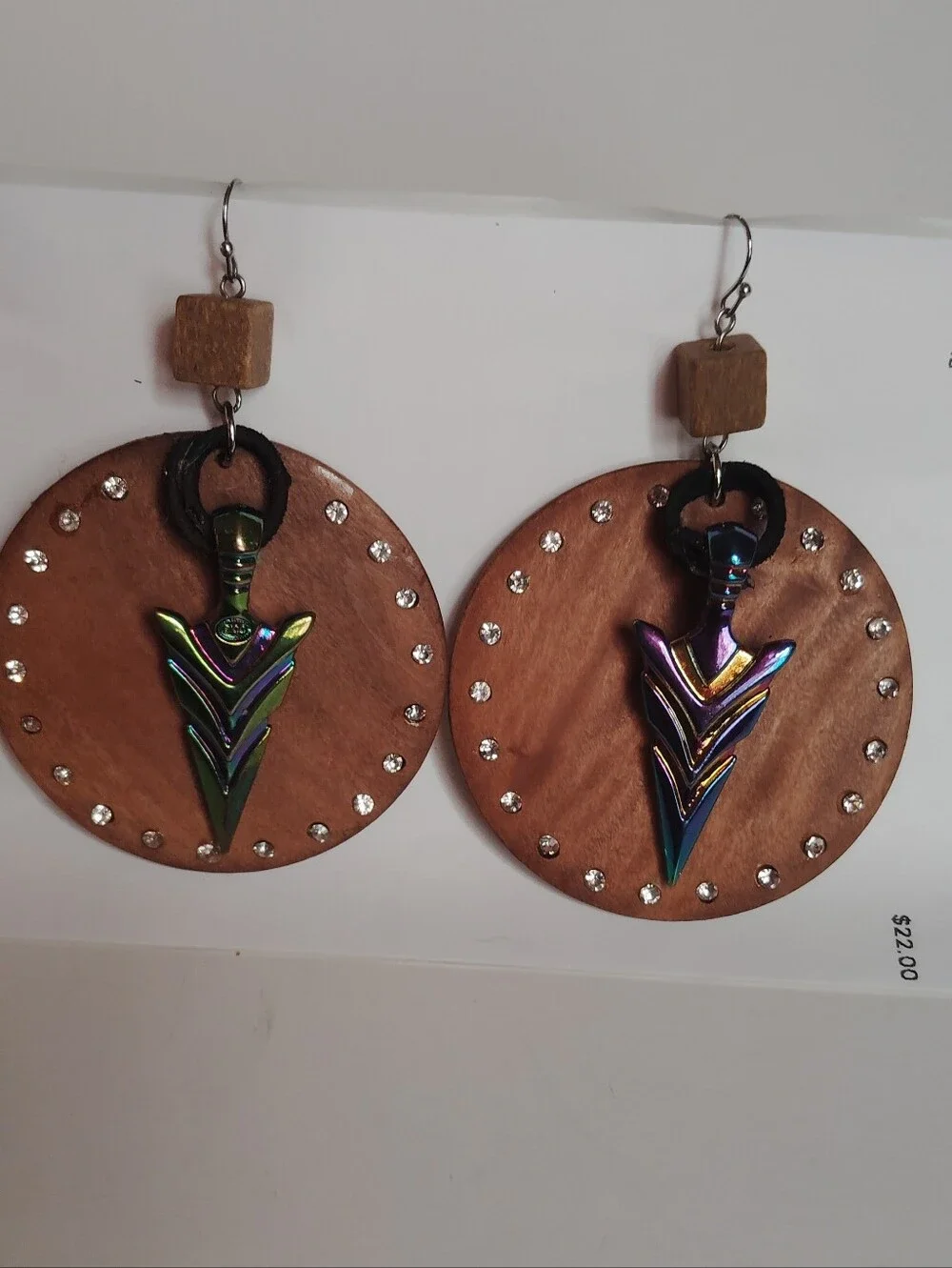 New Handmade Iridescent Arrow Drop Pierced Earrings On Wood Discs Lightweight